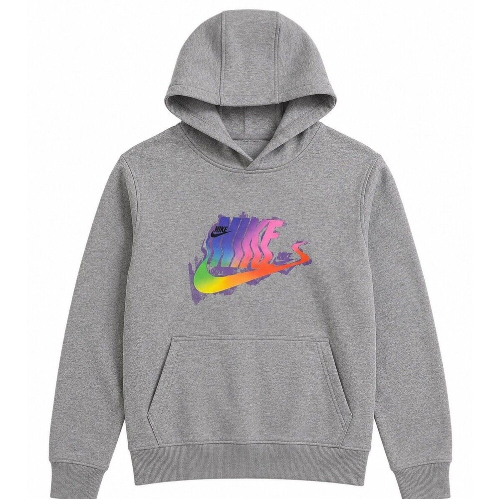 Nike Kids Sportswear Pullover Hoodie Carbon Heather Rainbow Logo XL